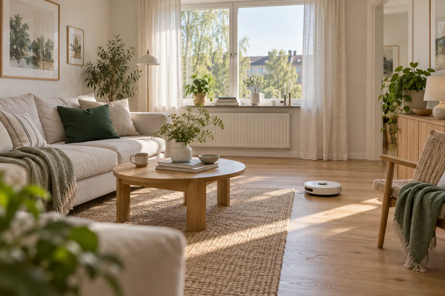 Ett ljust svenskt vardagsrum med ekgolv, ljus soffa och en liten vit städrobot på golvet.