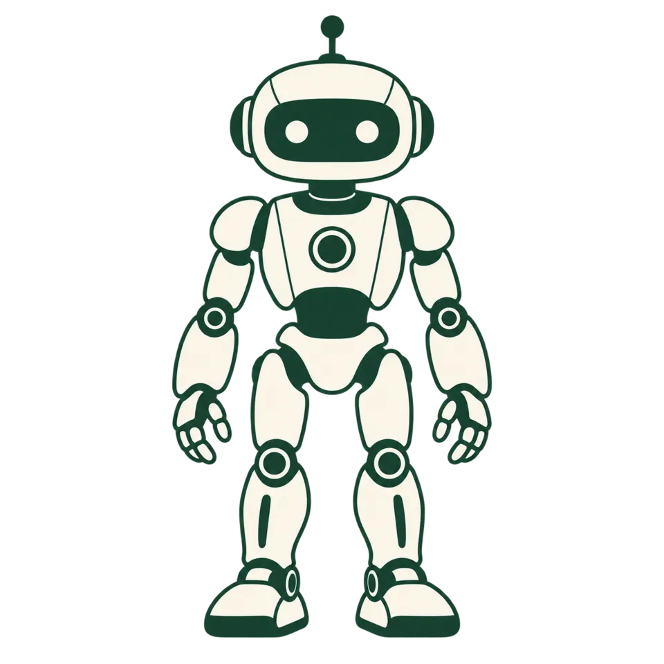 Förenklad grön ikon av en tvåbent robot i helfigur.
