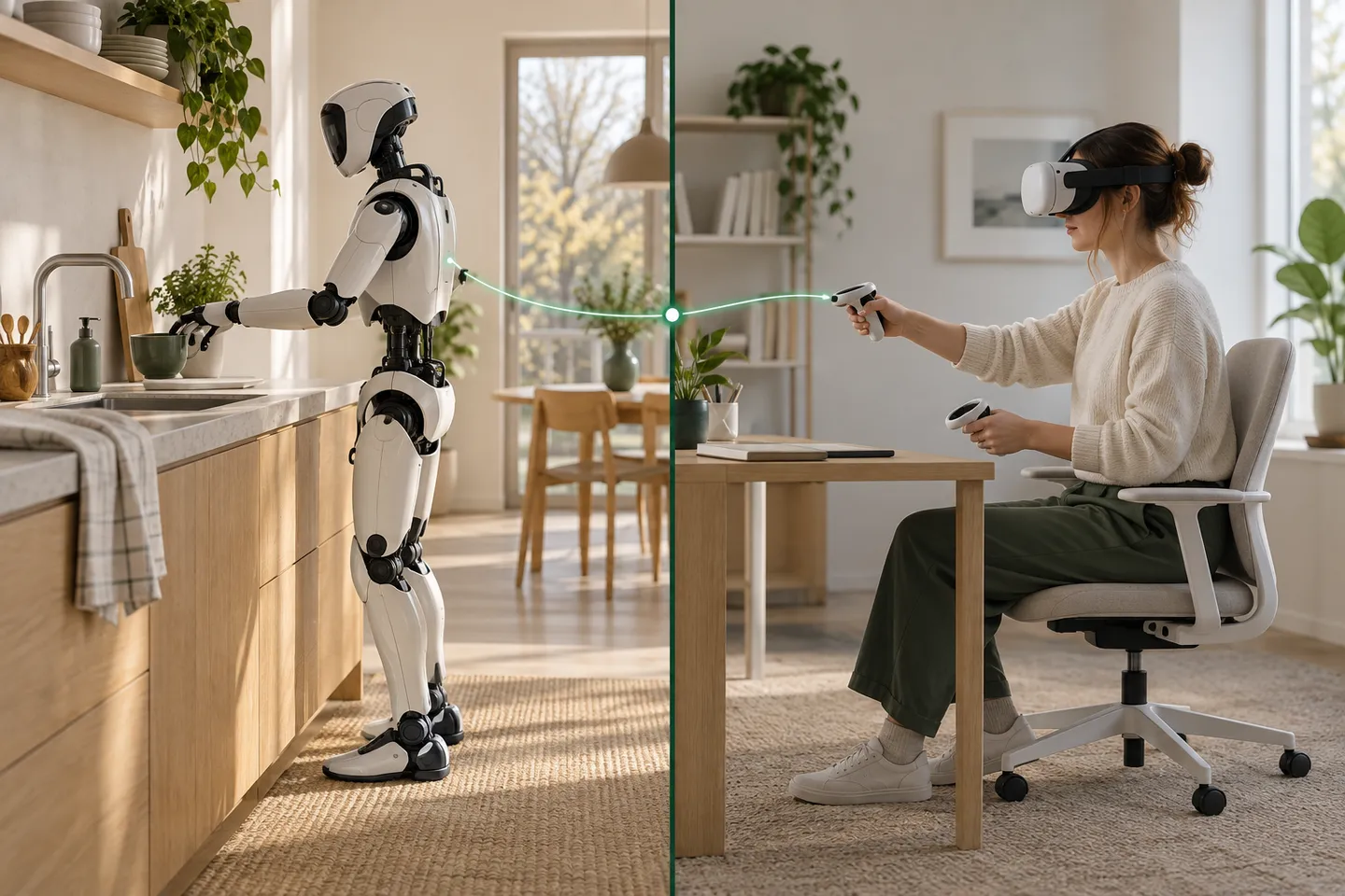 Delad bild: en robot vid en diskbänk till vänster, en person med VR-headset som gör samma rörelse till höger.