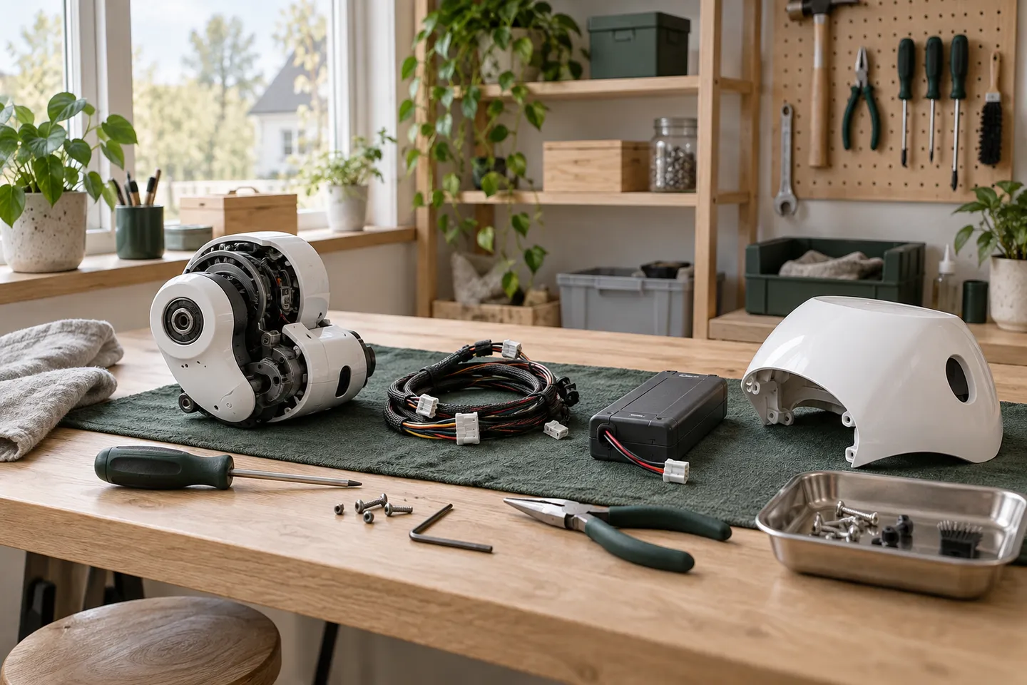 En arbetsbänk med robotdelar uppradade: ledhus, kabelstam, batteri och en vit kåpa.
